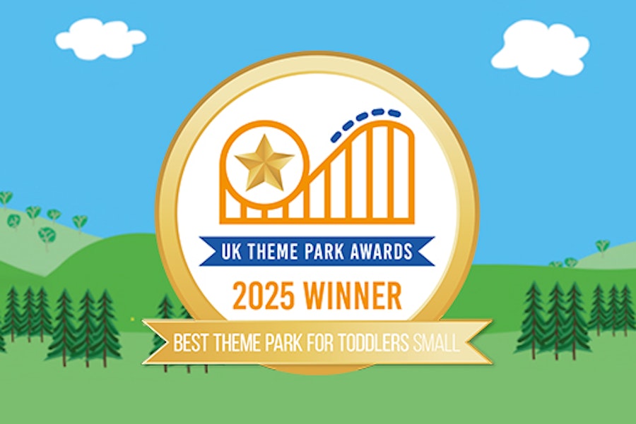 Badge for 'UK Theme Park Awards 2024 Winner' for 'Best Theme Park for Toddlers' with a star and rollercoaster graphic against a green hill and blue sky background.