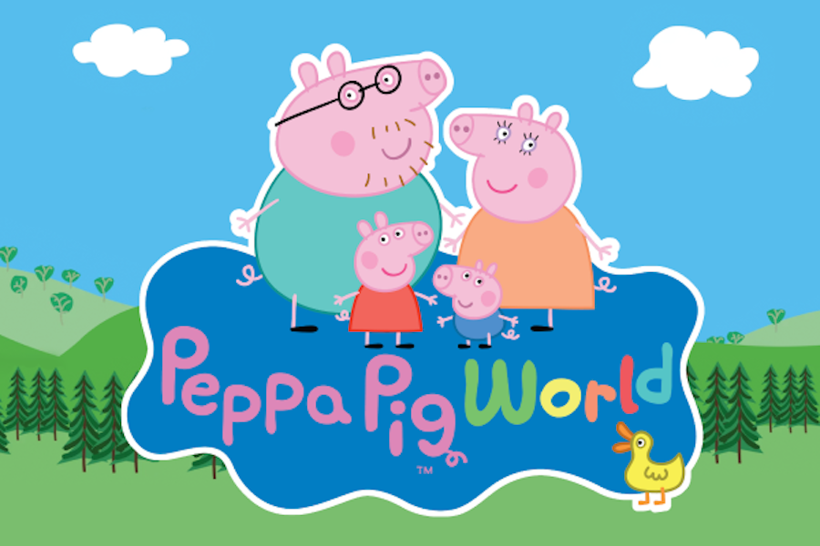Illustration of two parent pig characters with their two piglet children on a blue cloud with the text 'Peppa Pig World' and a trademark symbol.