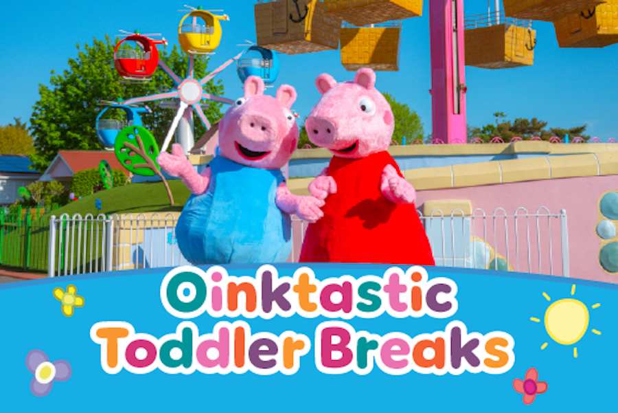 Promotional image for 'Toddler Short Breaks' with two animated pigs playing with a child, a suitcase labeled 'Polly', and a bunk bed illustration against a blue sky background.