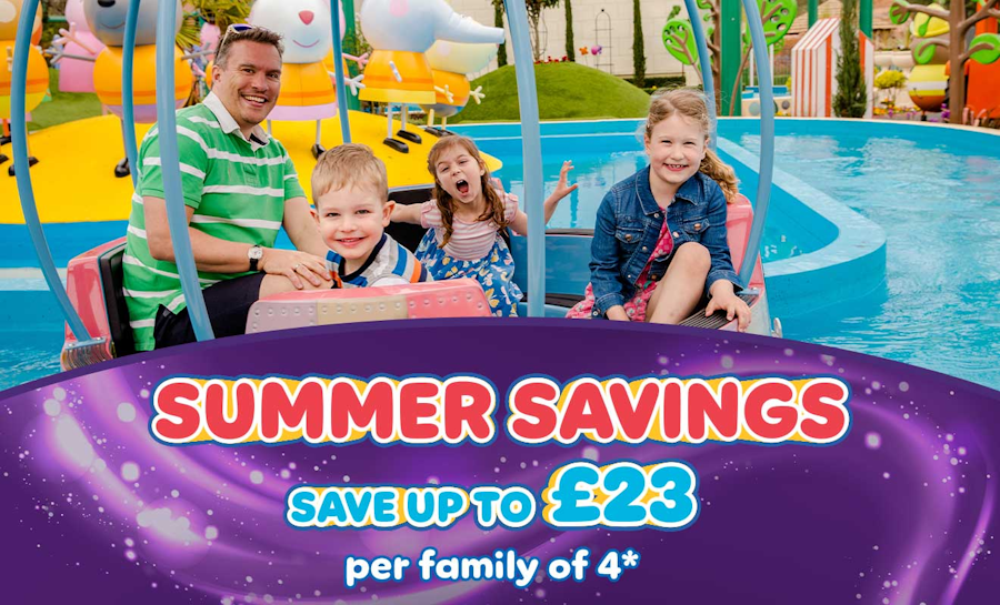 Family on ride with Summer Savings banner