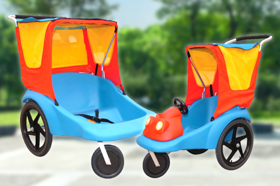 Image of a blue and orange children's ride-on buggy with a protective canopy.