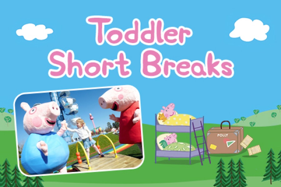 Promotional image for 'Toddler Short Breaks' with two animated pigs playing with a child, a suitcase labeled 'Polly', and a bunk bed illustration against a blue sky background.