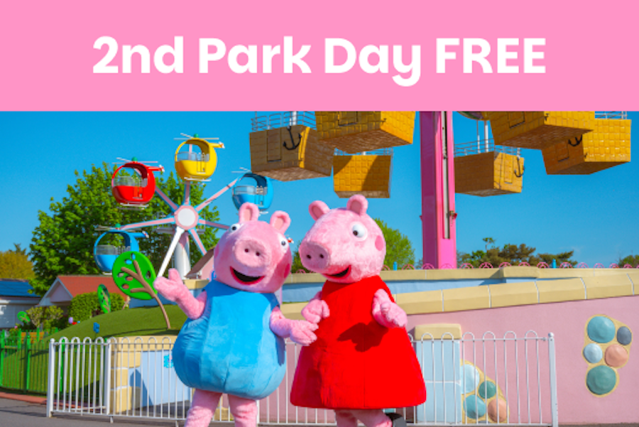Little girl with Peppa Pig characters at Paultons Park
