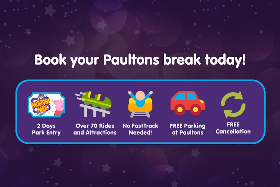 Illustrated graphic with icons promoting a Paultons Park break: 2-day entry, 70+ rides, no fast track needed, free parking, and free cancellation.