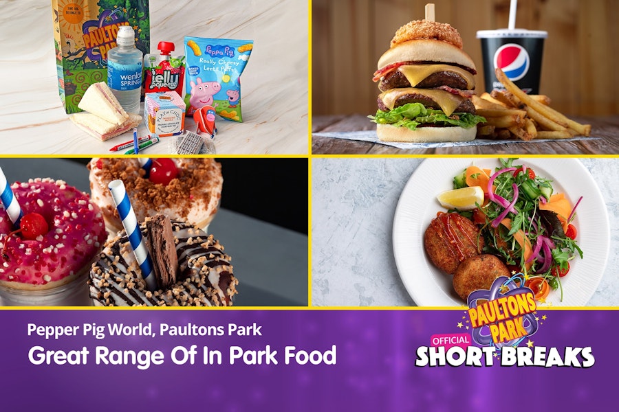Collage of food options at Paultons Park including kids’ meals, burgers, milkshakes, and salads.