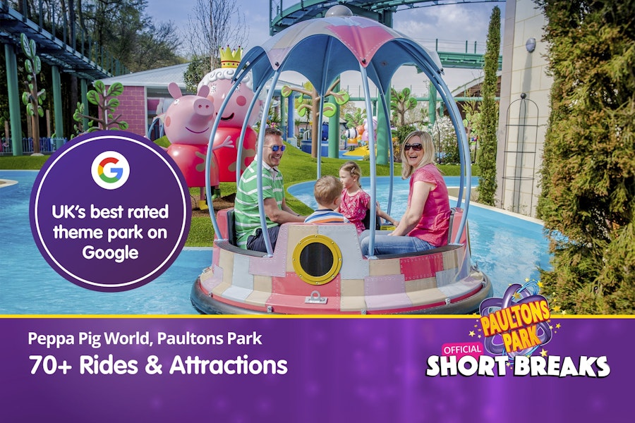 Family riding a colourful boat at Peppa Pig World with large character figures in the background and text highlighting 70+ rides and attractions.