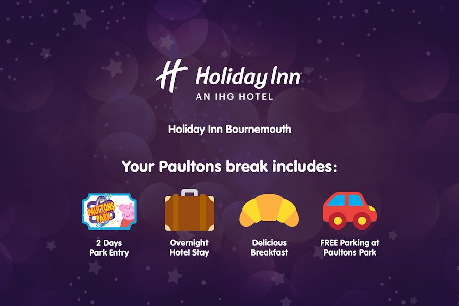Purple graphic listing Paultons break perks: park entry, hotel stay, breakfast, and parking.
